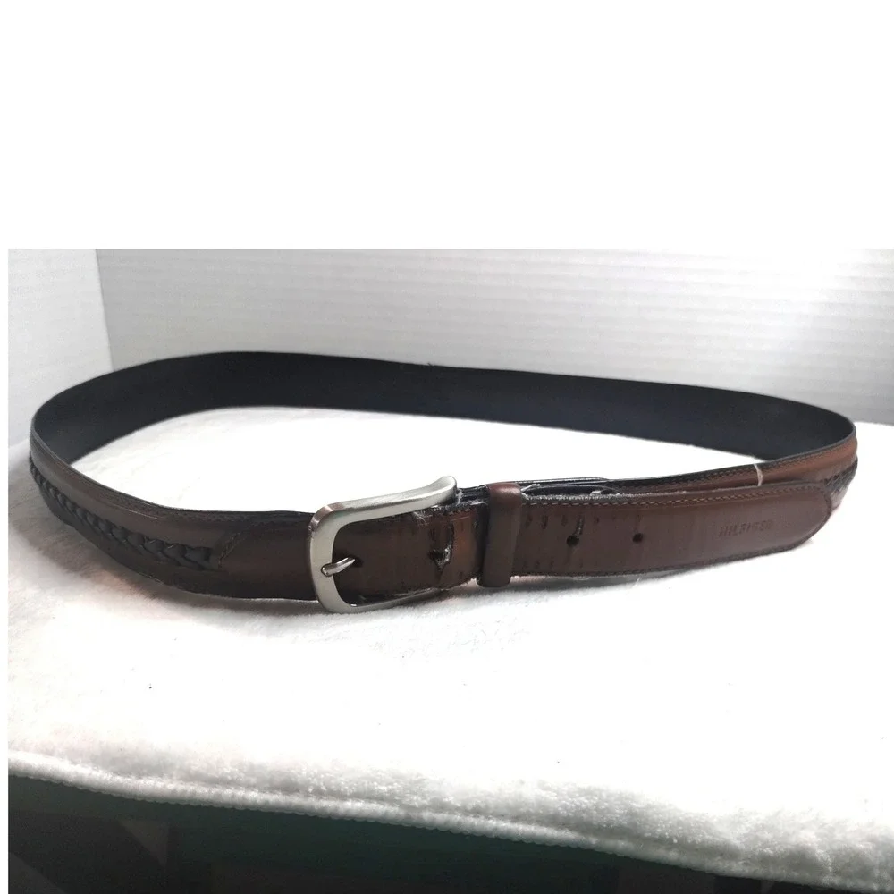 Tommy Hilfiger Mens Brown Coated Leather Braided Inlay Belt Silver Buckle 40/100
